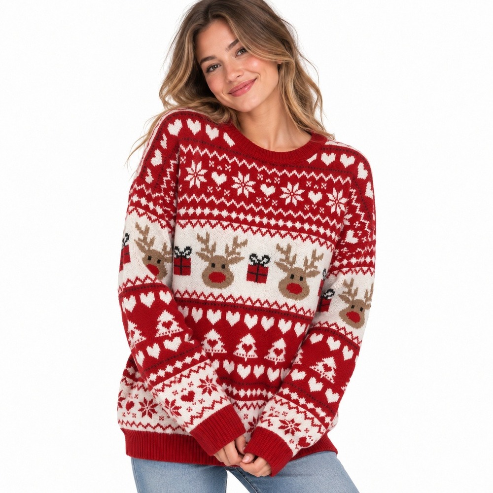 Reindeer Fair Isle Cozy Christmas Sweater L Red Hearts Novelty Holiday Knit